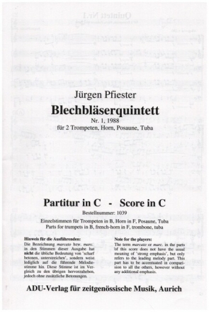 Blechbl�serquintett Nr.1 f�r 2 Trompeten, Horn, Posaune und Tuba Partitur und Stimmen