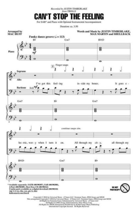 Can't stop the Feeling for mixed choir (SAB) and piano choral score