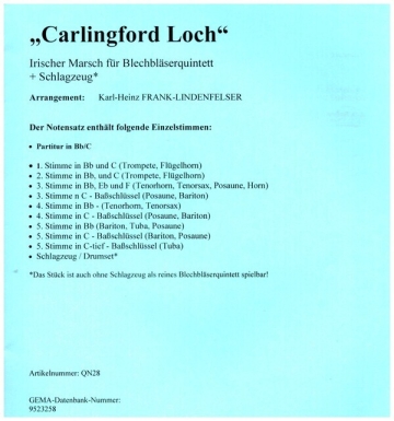 Carlingford Loch f�r 5 Blechbl�ser und Schlagzeug (variable Besetzung) Partitur und Stimmen