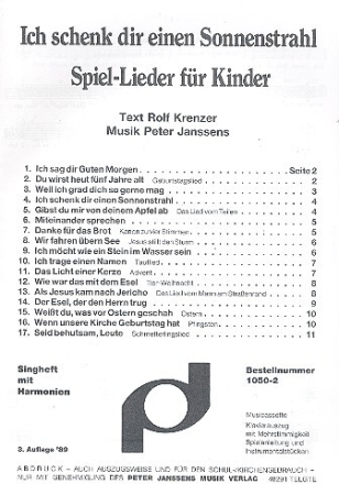 Ich schenk dir einen Sonnenstrahl Melodie/Txte/Akkorde Liederheft