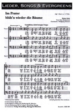 Im Prater bl�hn wieder die B�ume f�r M�nnerchor und Klavier Chorpartitur