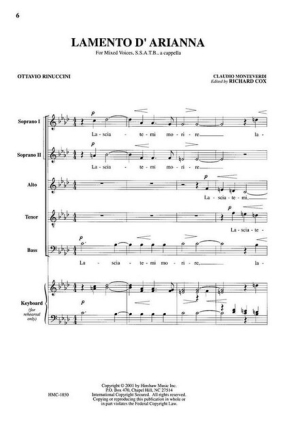 Lamento d'Arianna for mixed chorus (SSATB) a cappella choral score