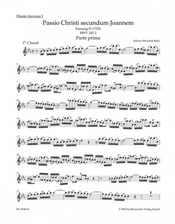 Johannes-Passion 'O Mensch, bewein' BWV 245.2 (Fassung II (1725)) 1. Querfl�te, 2. Querfl�te, 1. Oboe, 2. Oboe, Gambe Harmoniestimmen, Urtextausgabe