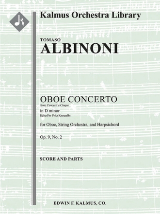 Concerto for Oboe in D minor op.9, no.2 for oboe, string orchestra and harpsichord score and parts
