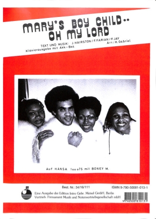 Mary's Boy Child...Oh My Lord f�r Gesang und Klavier Einzelausgabe