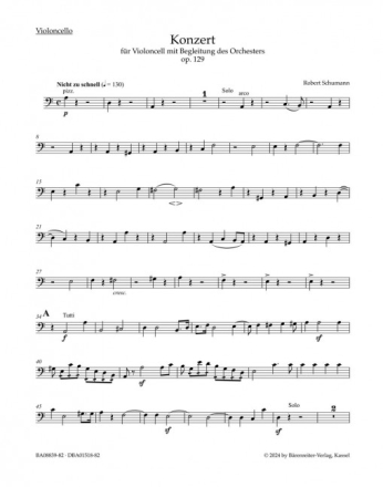 Konzert f�r Violoncello und Orchester in a-Moll op. 129 f�r Violoncello und Orchester Stimme, Urtextausgabe