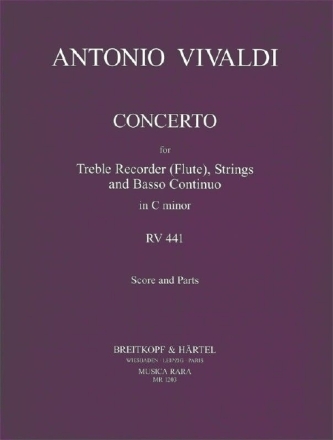 Fl�tenkonzert in c RV441 for treble recorder (fl), strings, bc Partitur und Stimmen