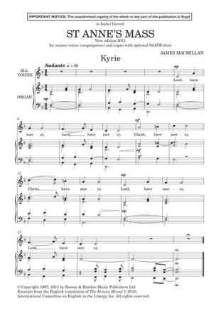 St. Anne's Mass for unison chorus and organ (mixed chorus ad lib) score