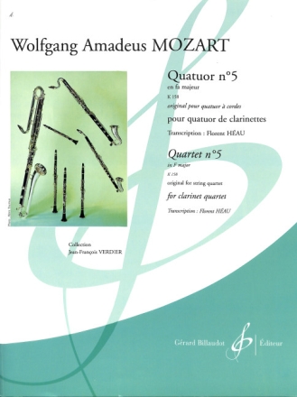 Quatuor fa majeur no.5 KV158 pour quatuor de clarinettes, partition+parties