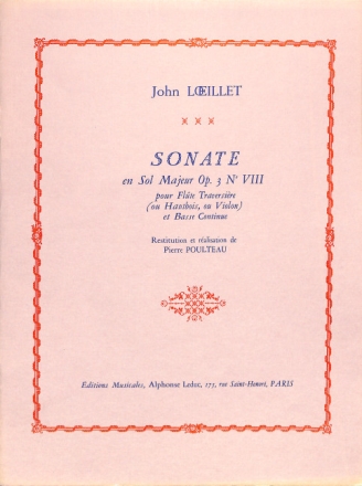 SONATE EN SOL MAJEUR OP.3,8 POUR FLUTE TRAVERSIERE (HAUTBOIS, VL) ET BASSE CONTINUE                 ALJ