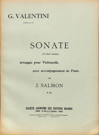 Valentini  Sonate En Si Bemol Violoncelle Et Piano (Salmon Violoncello