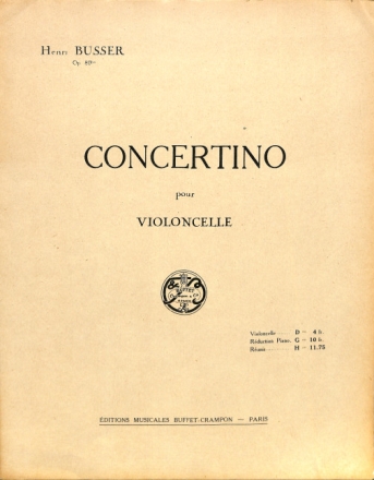 BUSSER CONCERTINO OP80BIS VIOLONCELLE ET PIANO