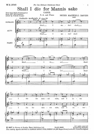 Maxwell Davies, Sir Peter: Shall I die for mannis sake f�r Frauenchor (SA) und Klavier Chorpartitur