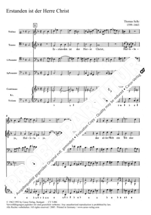 Selle, Thomas Erstanden ist der Herre Christ Coro SSB, 2 Vl, Fg, Bc Komplettes Orchestermaterial