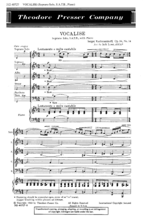 Sergei Rachmaninoff Vocalise 2 Soprane, Alt, Tenor, Bass und Klavier Chorpartitur