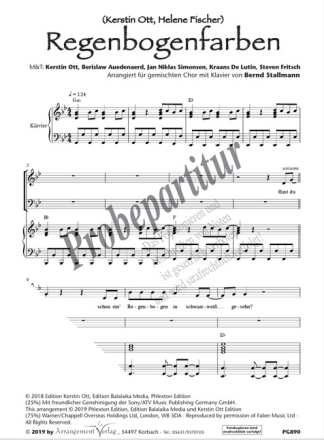 Regenbogenfarben f�r gem Chor und Klavier Klavierpartitur