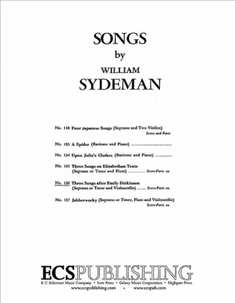 William Sydeman, Three Songs After Emily Dickinson High Voice and Cello Buch