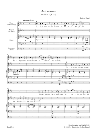 Ave verum op. 65/1 N 123 f�r Sopran solo oder Alt solo (oder zweistimmigen Frauenchor) oder Ten Chorpartitur
