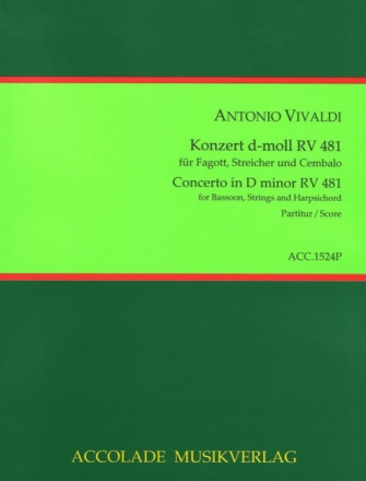 Vivaldi, Antonio, Konzert Nr. 5 RV 481 d-moll Fagott, Streicher, Continuo Partitur