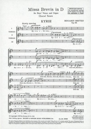 Missa brevis D-Dur op.63 f�r Knabenchor und Orgel Chorpartitur (la)