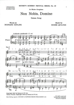 Non Nobis, Domine f�r Chor unisono und Klavier Chorpartitur