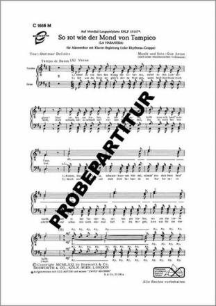 So rot wie der Mond von Tampico f�r M�nnerchor und Klavier (Rhythmusgruppe ad lib) Partitur