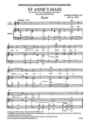 St. Anne's Mass f�r Chor unisono (Gemeinde) und Orgel (gem Chor ad lib) Partitur