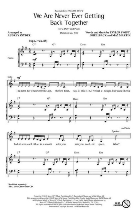 We Are Never Ever Getting Back Tog for 2-part choir and piano choral score