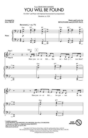 You Will Be Found for female chorus (SSA) and piano score