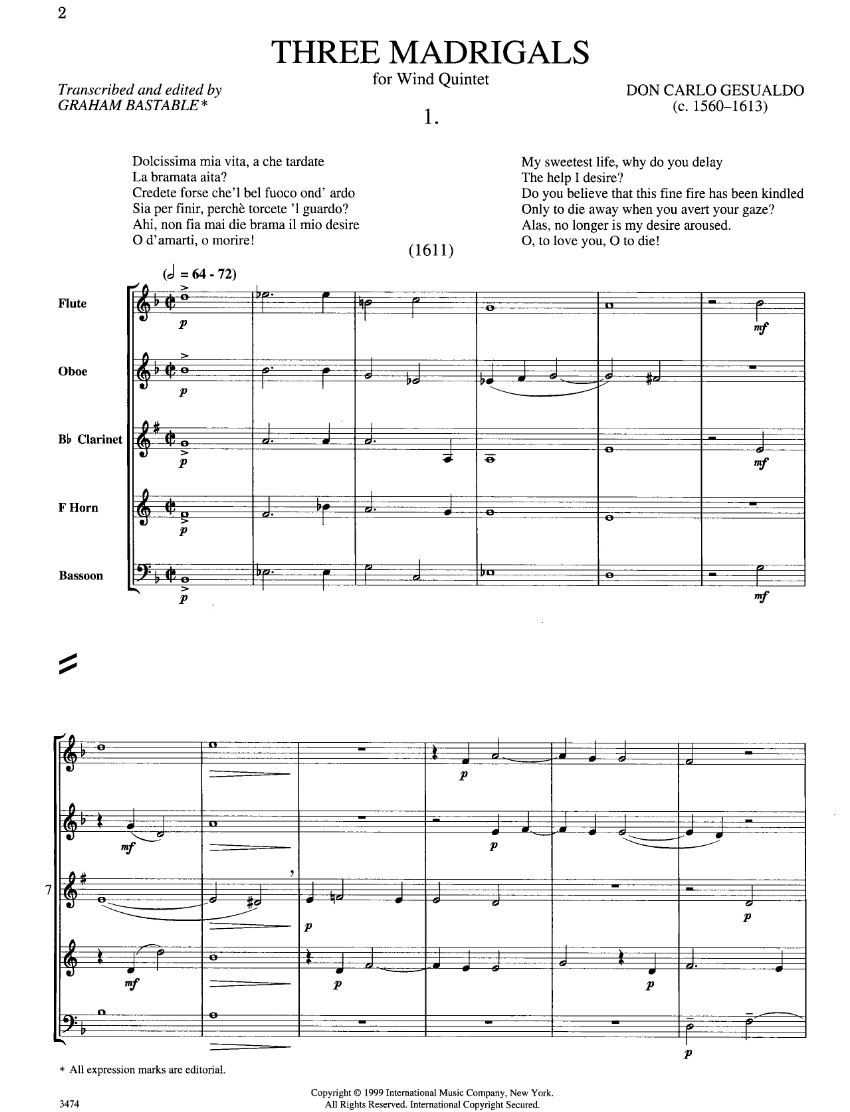 Beispielseite 1 zu 3 Madrigals for flute, oboe, clarinet, horn and bassoon score and parts