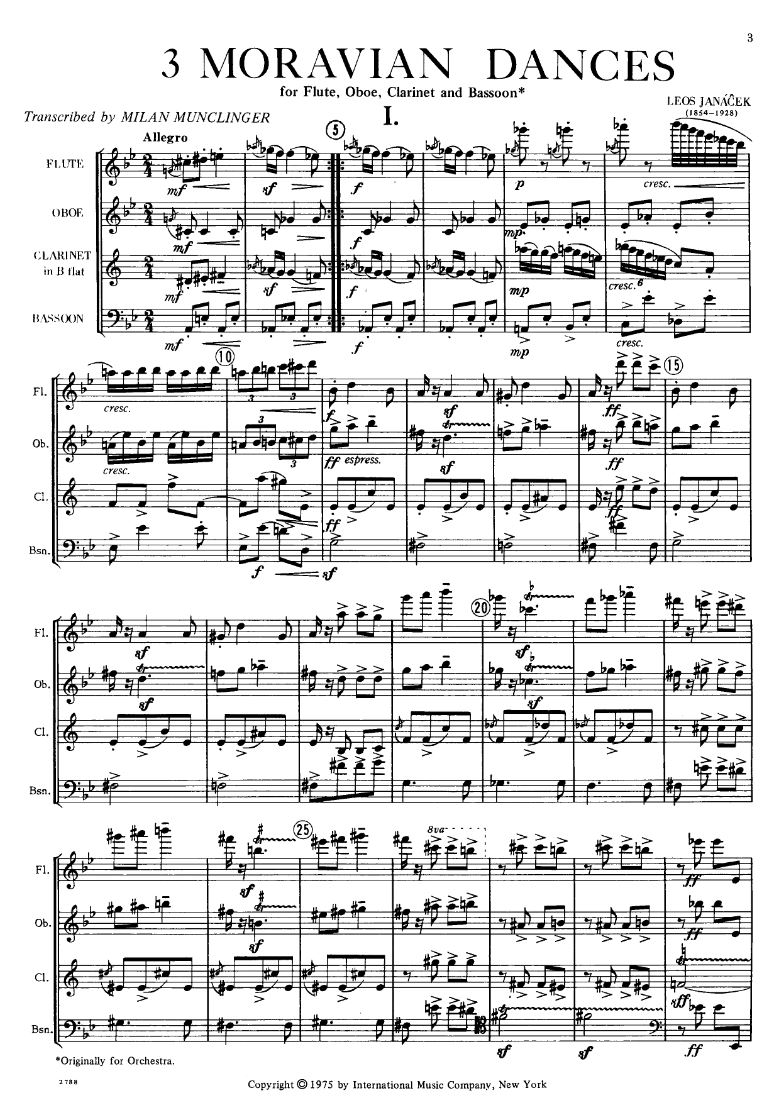 Beispielseite 1 zu 3 Moravian dances for flute, oboe, clarinet and bassoon score and parts