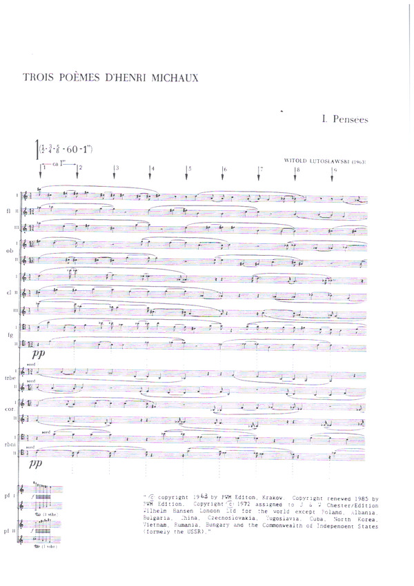 Beispielseite 1 zu 3 Poems by Henri Michaux  for mixed chorus and orchestra score,  archive copy