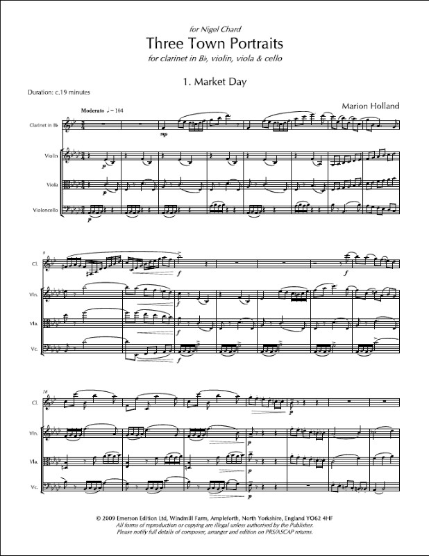 Beispielseite 1 zu 3 Town Portraits for clarinet, violin, viola and cello score and parts