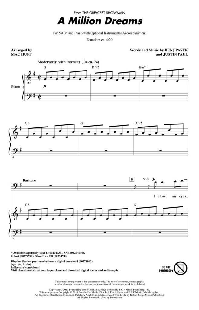 Beispielseite 3 zu A Million Dreams for mixed chorus (SAB) and piano score