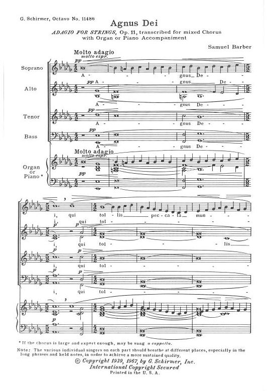 Beispielseite 1 zu Agnus Dei for mixed chorus and organ (a cappella) score