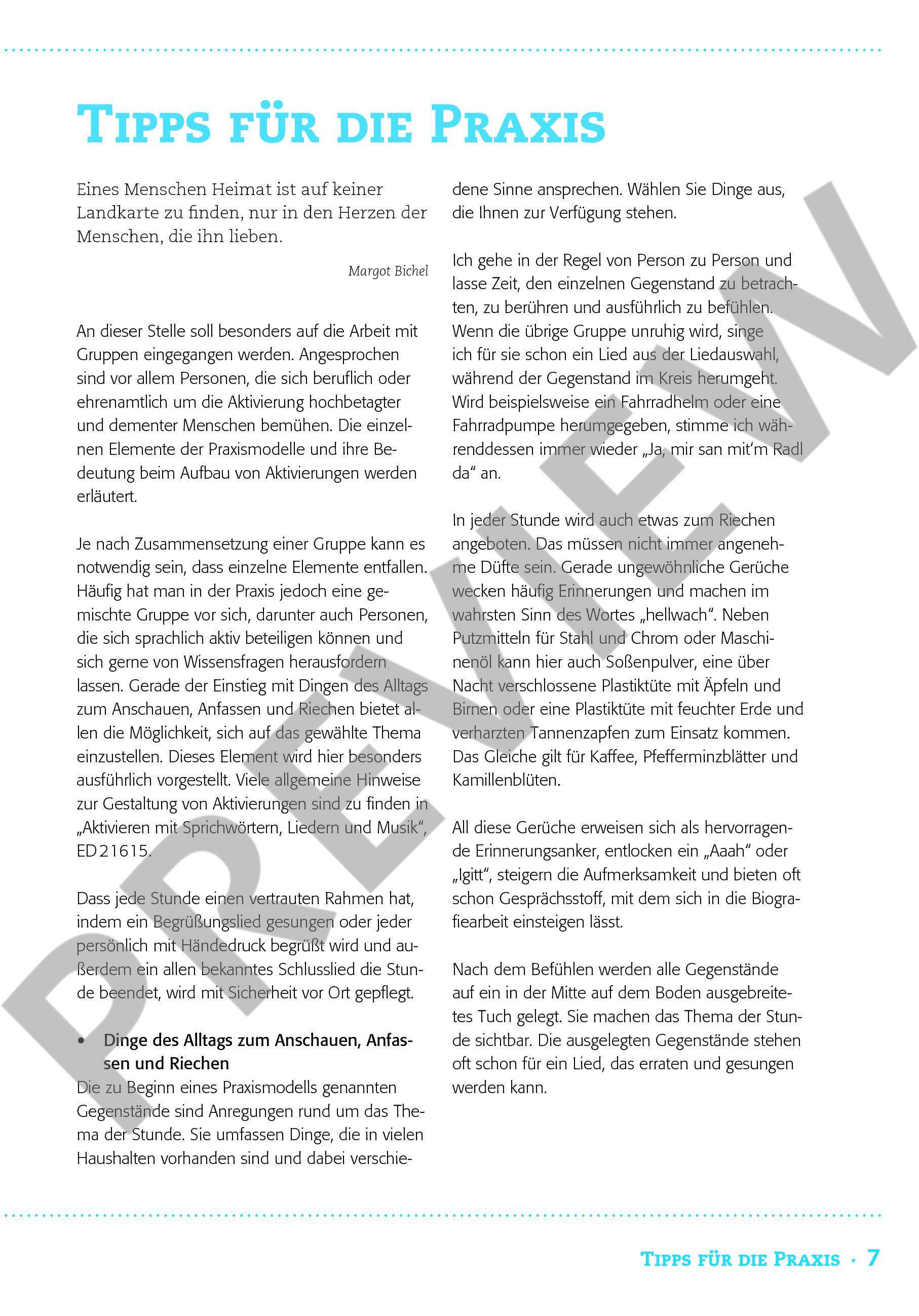 Beispielseite 2 zu Aktivieren mit Dingen des Alltags, Sprichw�rtern und Musik (+CD) Praxismodelle f�r die Begleitung hochbetagter und demenzkranker Mensch