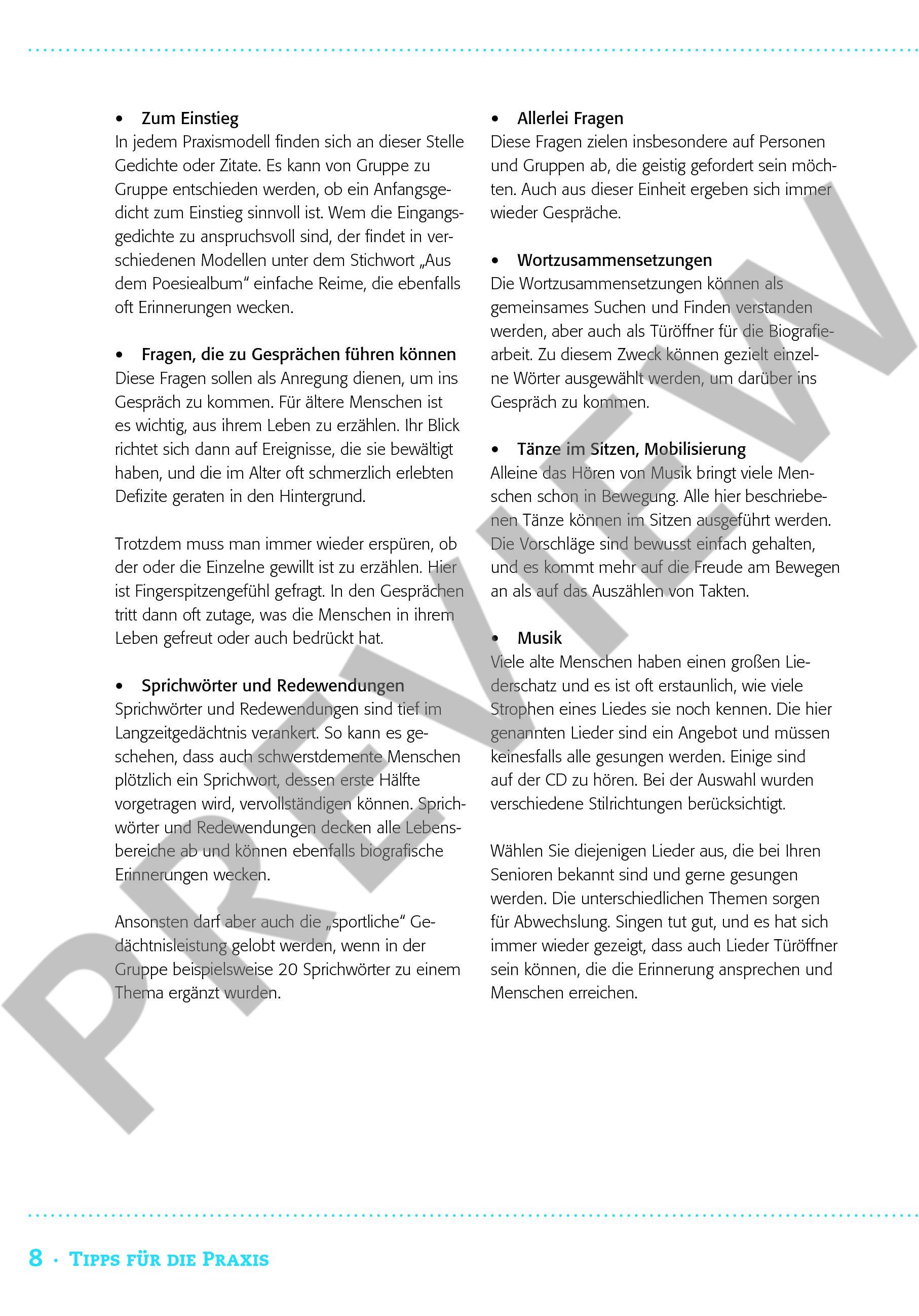 Beispielseite 3 zu Aktivieren mit Dingen des Alltags, Sprichw�rtern und Musik (+CD) Praxismodelle f�r die Begleitung hochbetagter und demenzkranker Mensch