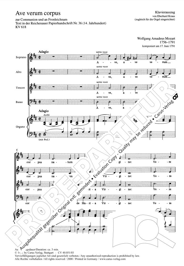 Beispielseite 1 zu Ave verum corpus KV618 f�r gem Chor und Orchester Klavierauszug (Orgelauszug)