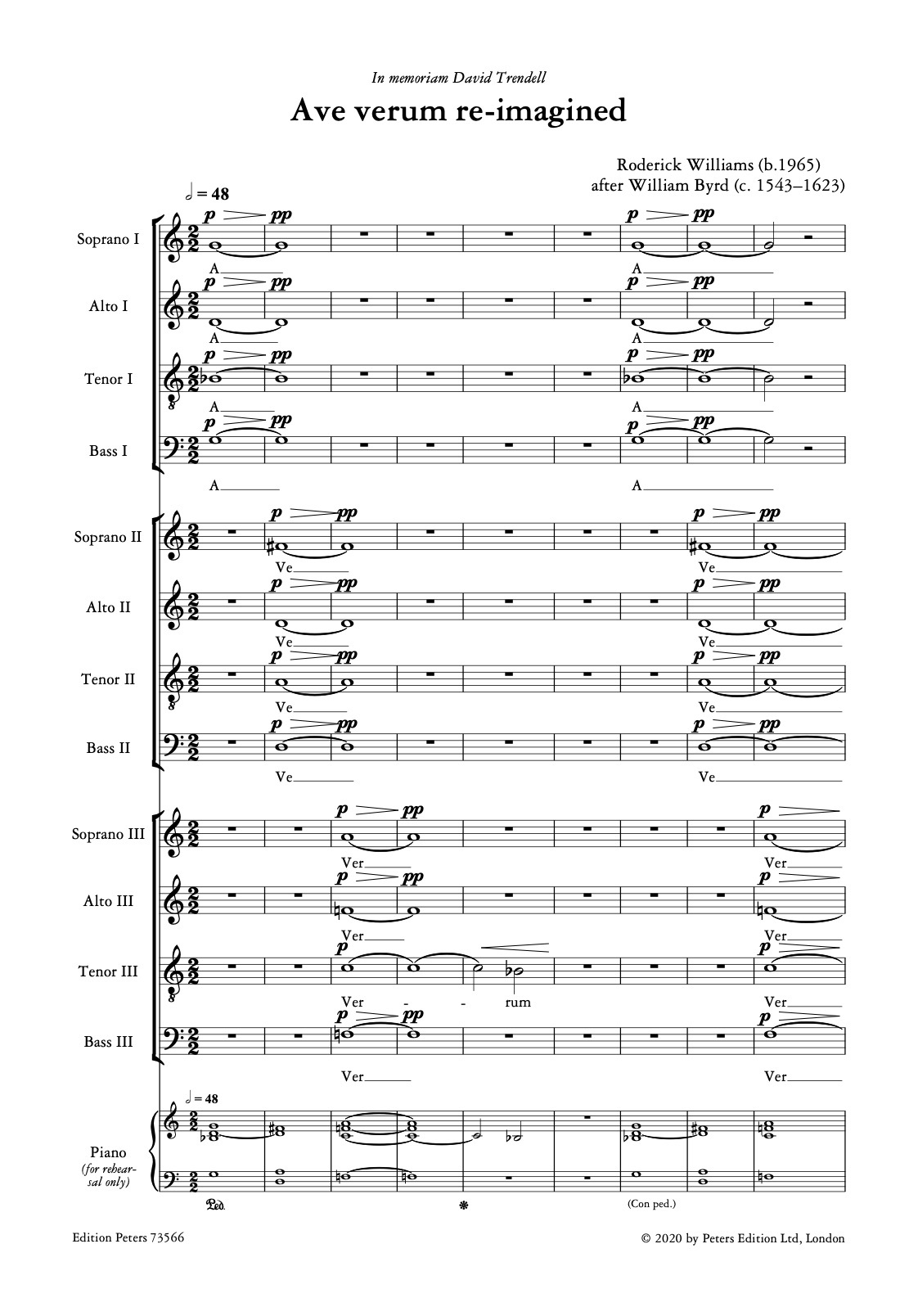 Beispielseite 1 zu Ave Verum Corpus Re-imagined for 3 mixed chori (SATB) score (en)