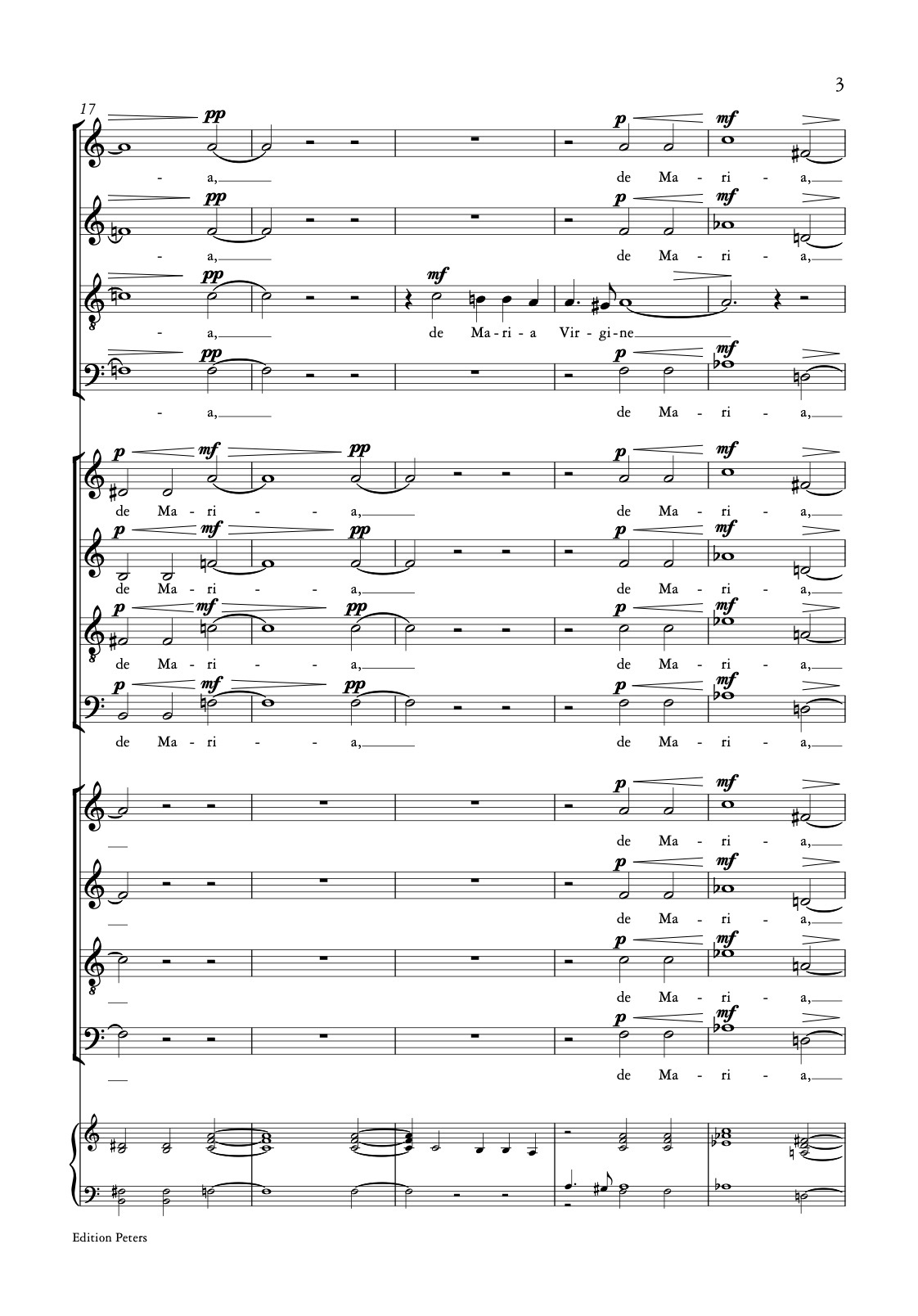 Beispielseite 3 zu Ave Verum Corpus Re-imagined for 3 mixed chori (SATB) score (en)