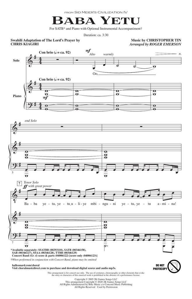 Beispielseite 1 zu Baba Yetu for soli, mixed chorus and piano chorus Score