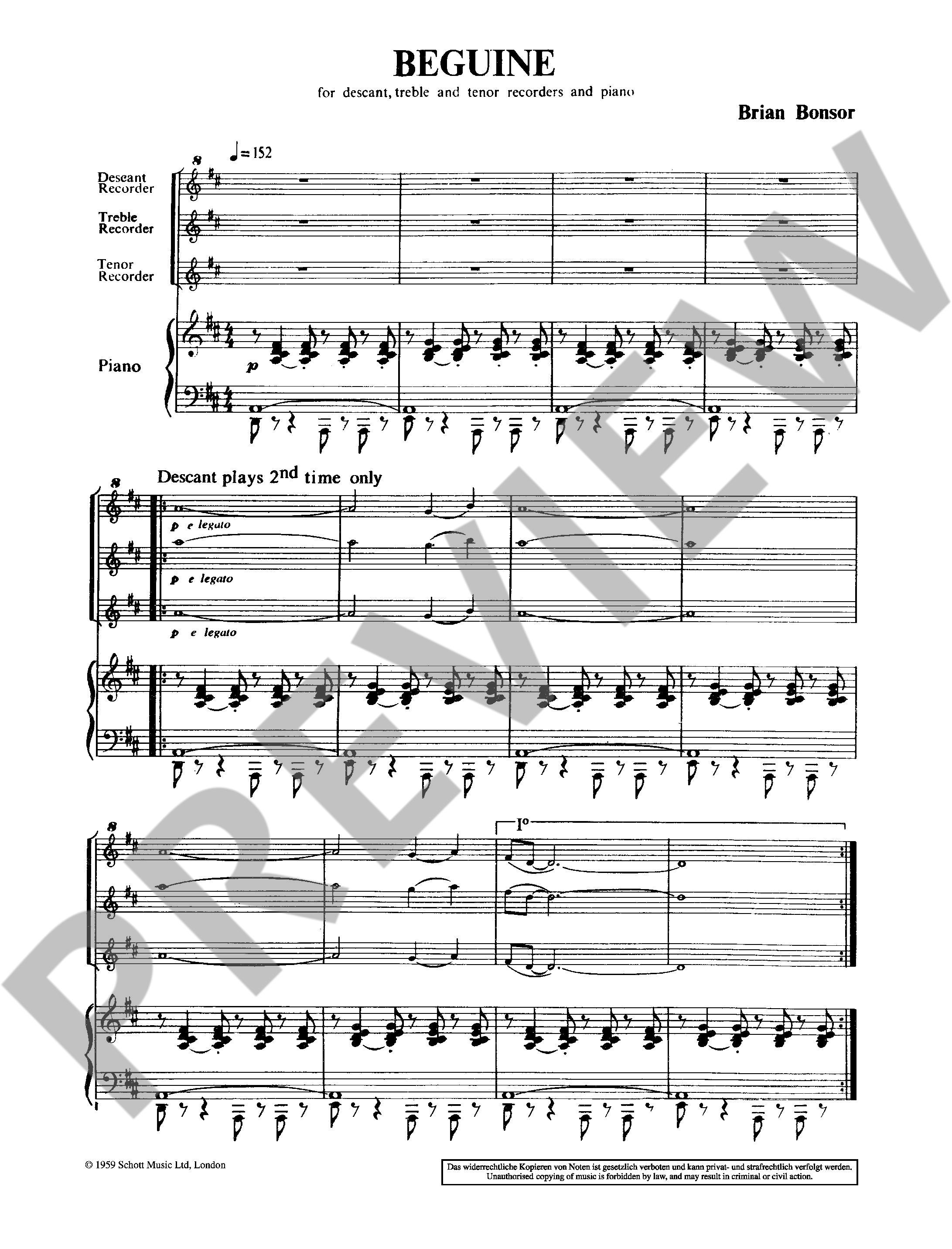 Beispielseite 1 zu Beguine for 3 recorders (SAT) and piano score and recorder score
