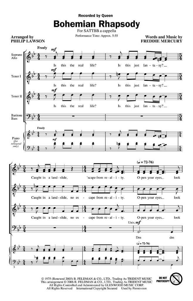 Beispielseite 1 zu Bohemian Rhapsody for mixed chorus (SATTBB) a cappella score
