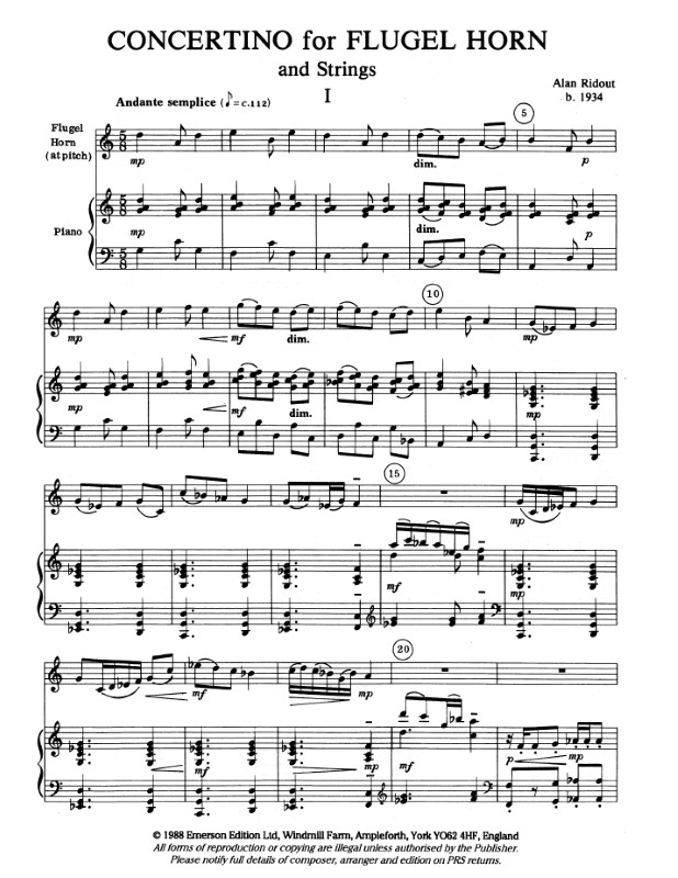 Beispielseite 1 zu Concertino for flugelhorn and strings piano score with solo part