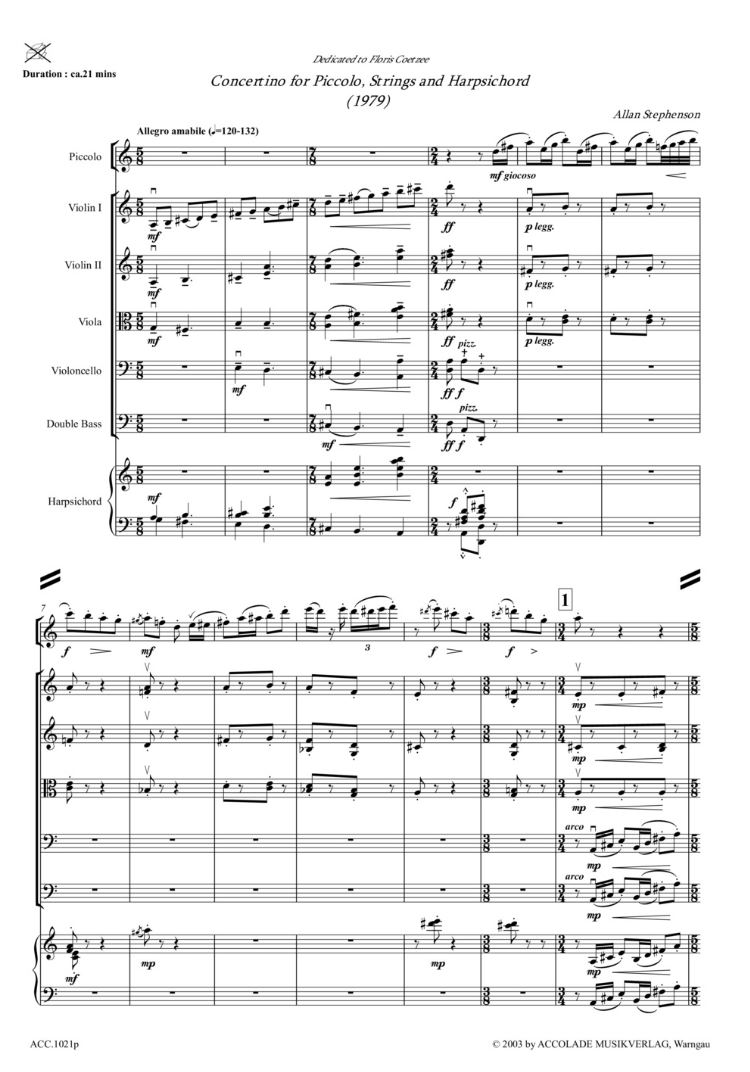 Beispielseite 1 zu Concertino for piccolo flute, strings and harpsichord score