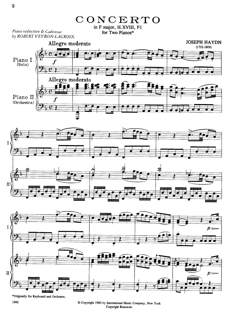 Beispielseite 1 zu Concerto f major Hob.XVIII,1 for 2 pianos playing score