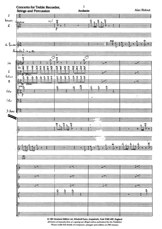 Beispielseite 1 zu Concerto for treble recorder, strings and percussion score and parts (str 4-4-3-3-2)