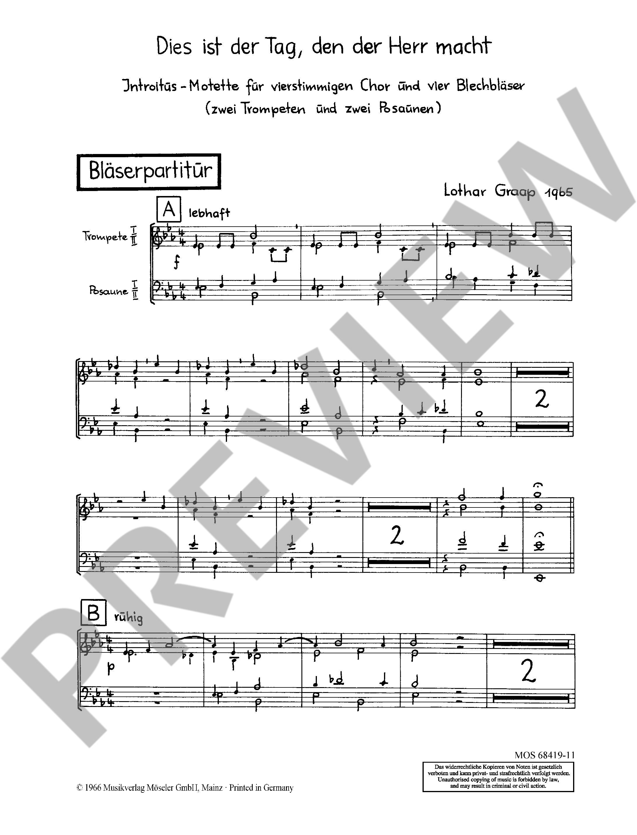 Beispielseite 1 zu Dies ist der Tag, den der Herr macht gemischter Chor (SATB), 2 Trompeten und 2 Posaunen Partitur (zugleich Spielpartitur) Bl�ser