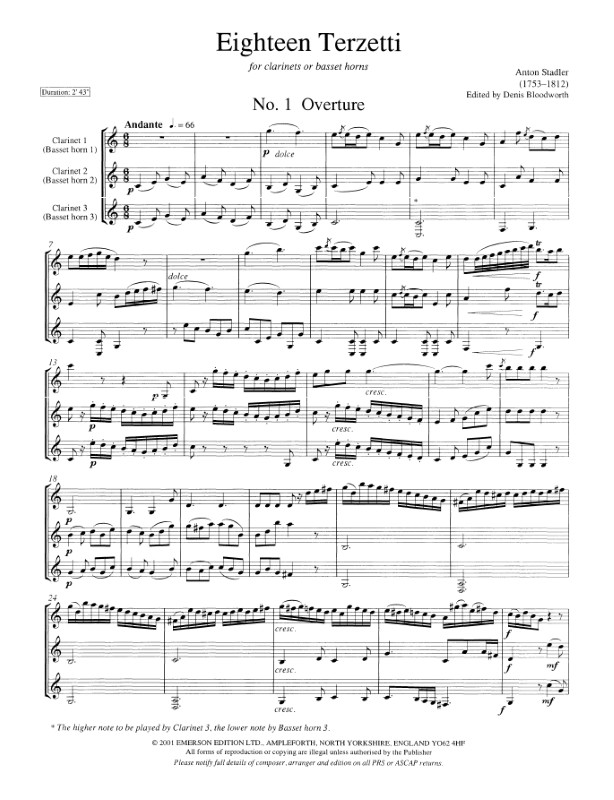 Beispielseite 1 zu Eighteen Terzetti for 3 basset horns (clarinets) score and parts