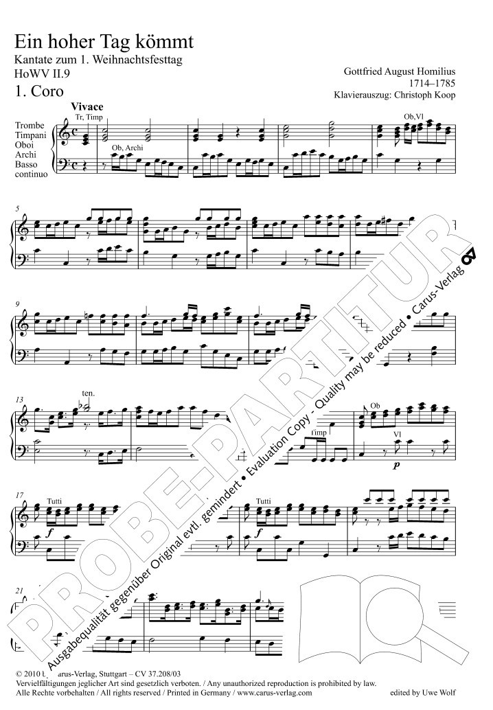 Beispielseite 1 zu Ein hoher Tag k�mmt HoWVII.9 f�r Soli, gem Chor und Orchester Klavierauszug